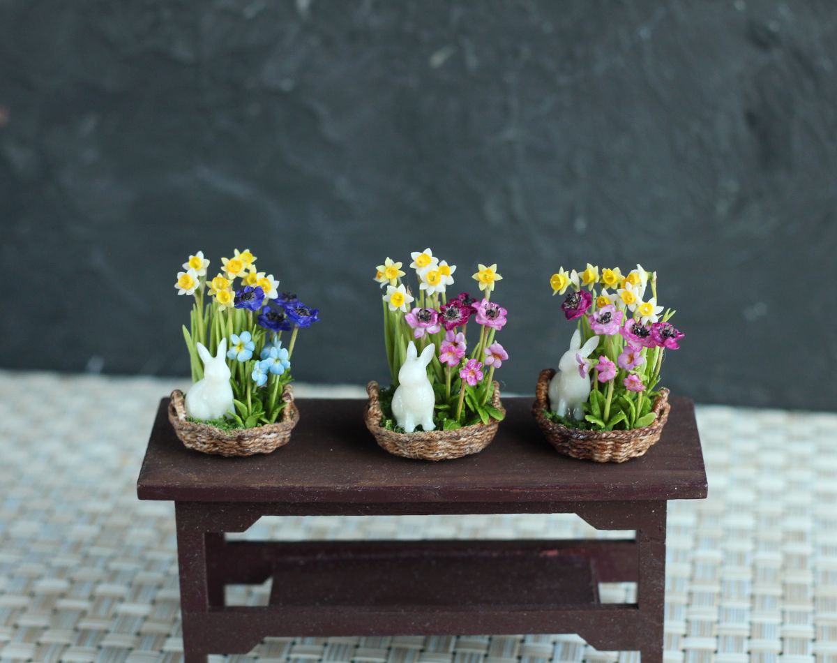 Easter composition with a rabbit. Miniature 1:12