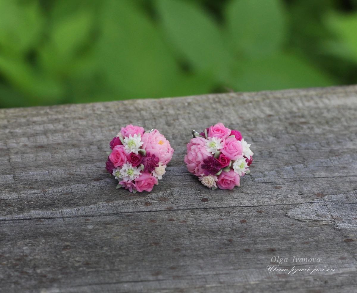 * Silver hemisphere earrings with roses, peonies and scabiosa