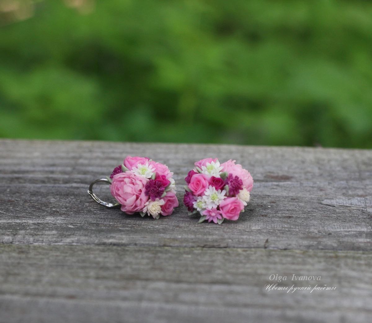 * Silver hemisphere earrings with roses, peonies and scabiosa