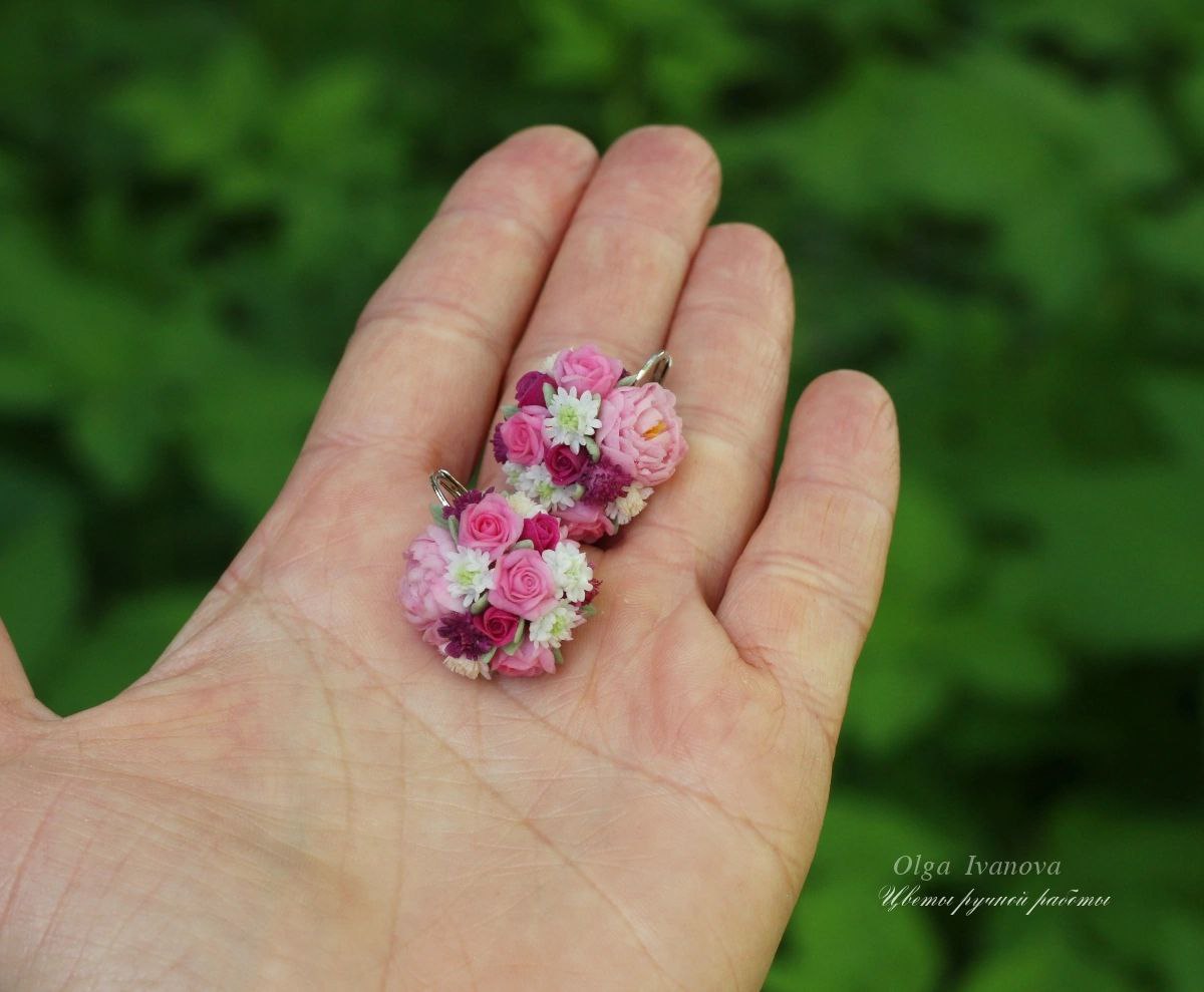 * Silver hemisphere earrings with roses, peonies and scabiosa