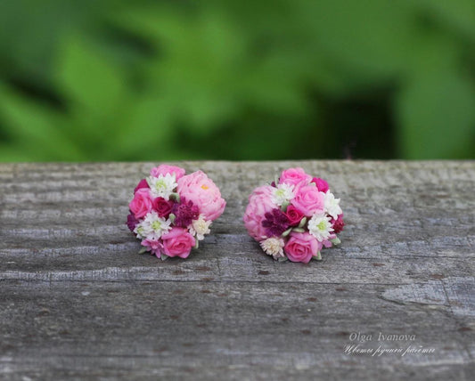 * Silver hemisphere earrings with roses, peonies and scabiosa