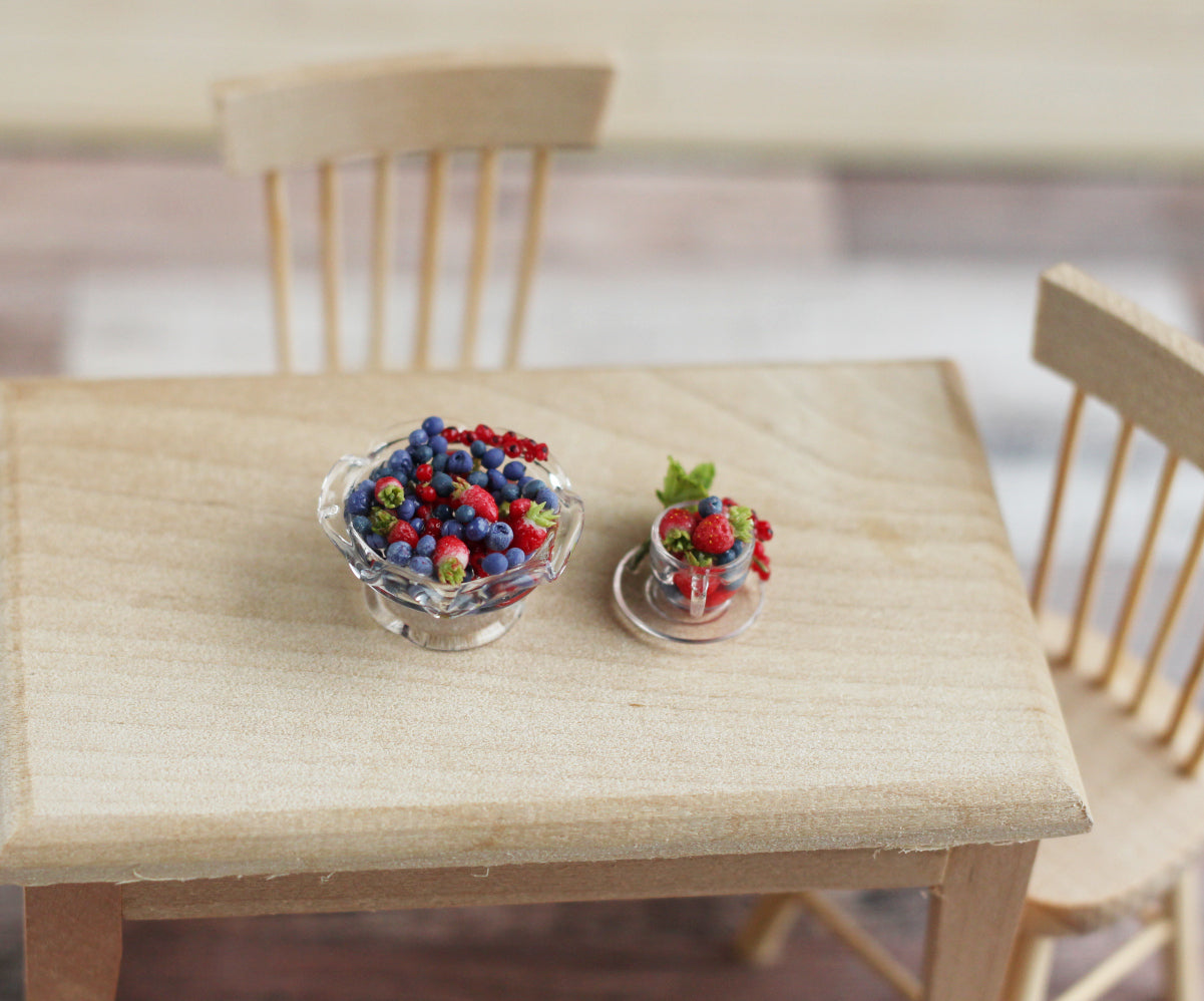 Glass tea pair: cup and candy bowl with berries. Miniature 1:12