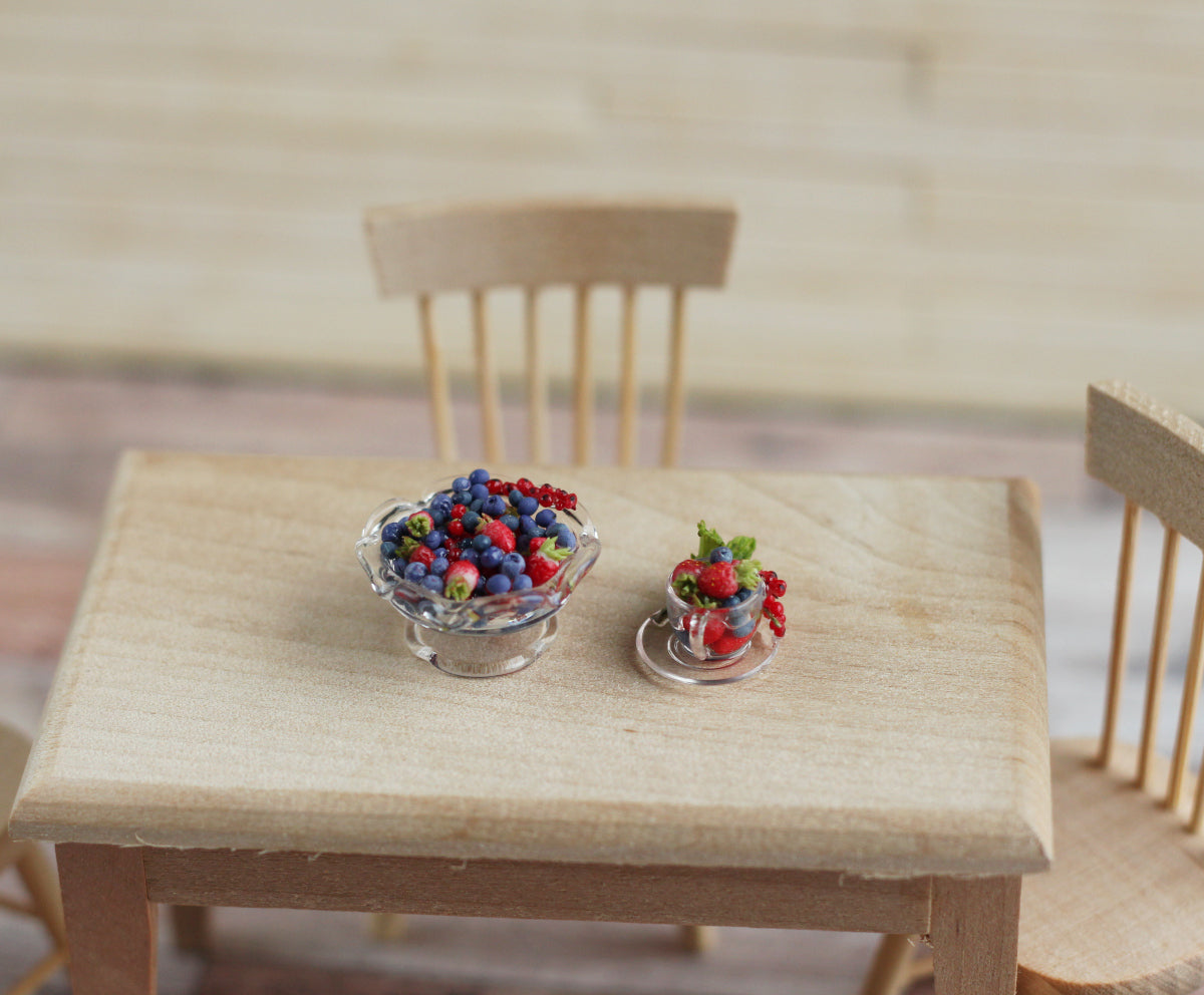 Glass tea pair: cup and candy bowl with berries. Miniature 1:12