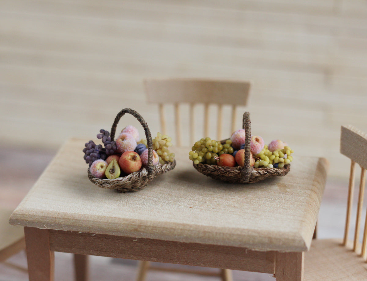 Wicker basket with fruit and grapes. Miniature 1:12