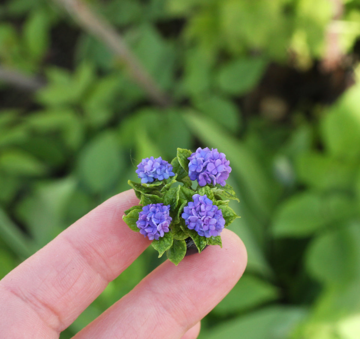 Large-leaved hydrangea in a decorative 1:12 cachepot for a dollhouse