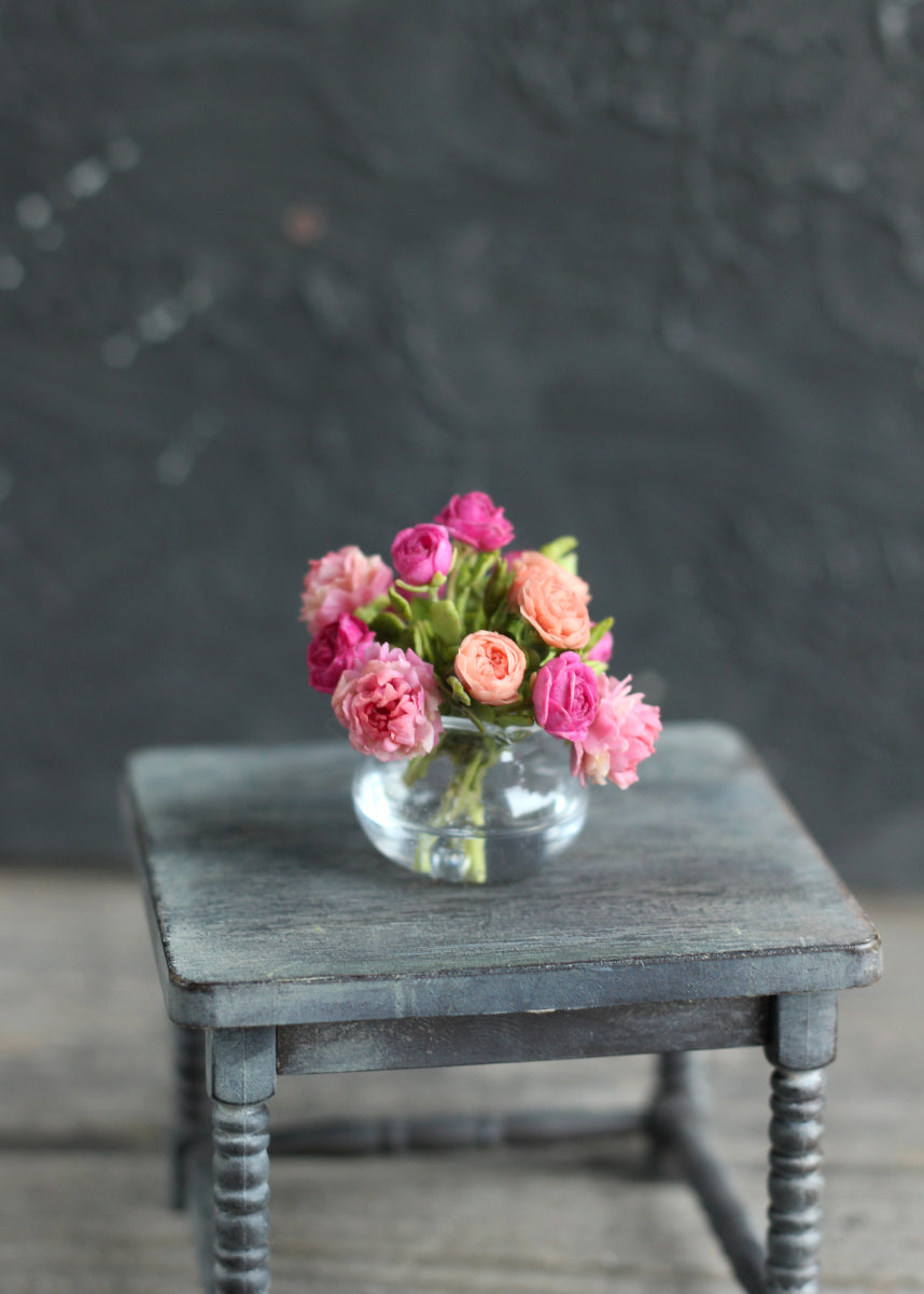 Lush bouquet of peonies and roses in a 1:12 glass vase