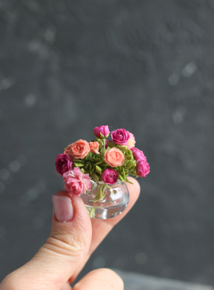 Lush bouquet of peonies and roses in a 1:12 glass vase