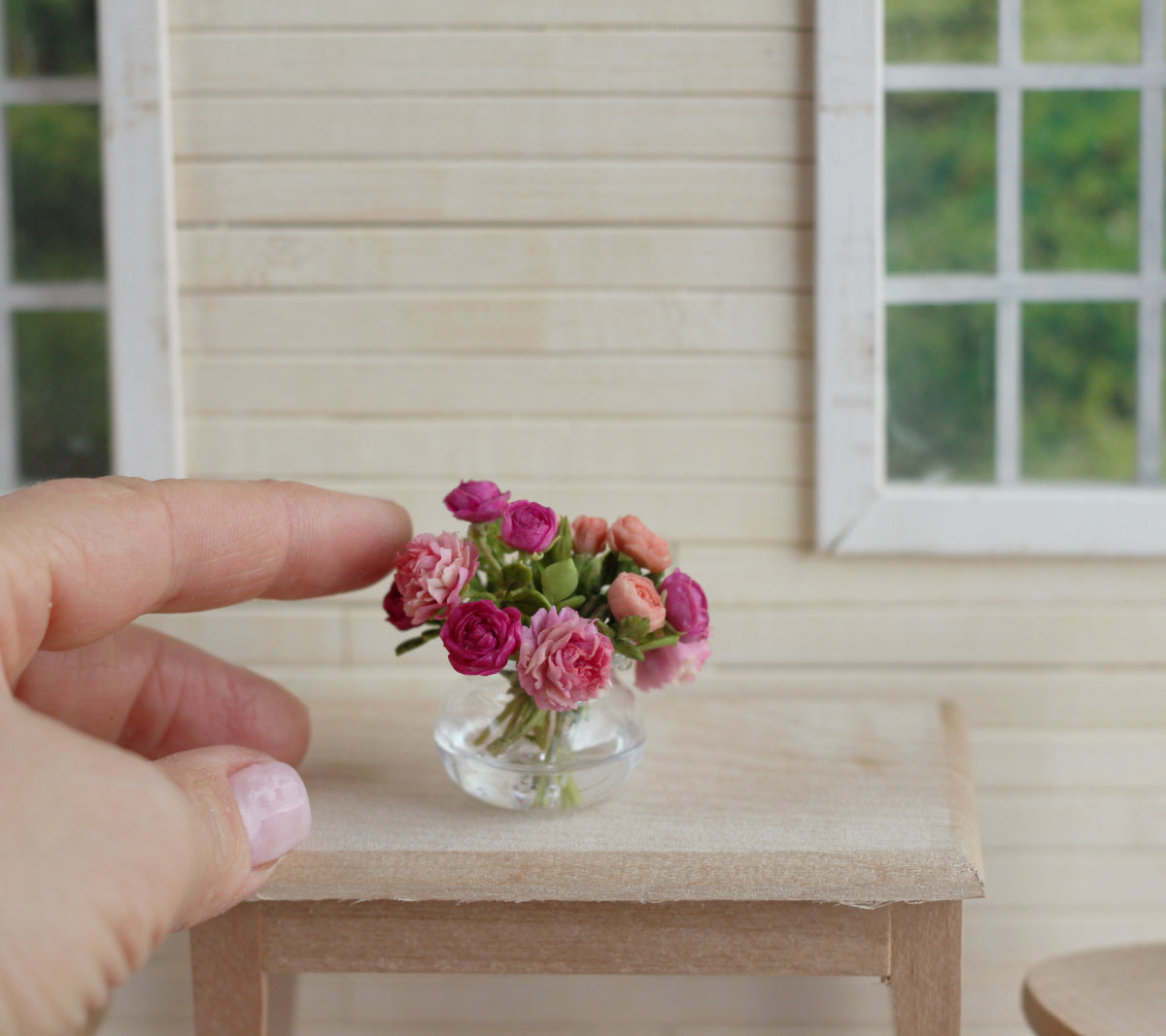 Lush bouquet of peonies and roses in a 1:12 glass vase