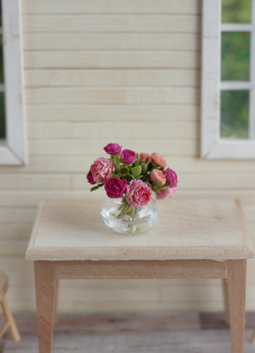 Lush bouquet of peonies and roses in a 1:12 glass vase