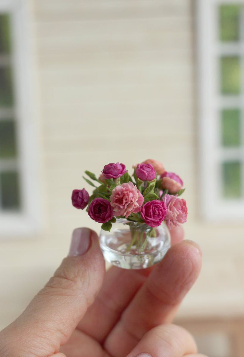 Lush bouquet of peonies and roses in a 1:12 glass vase