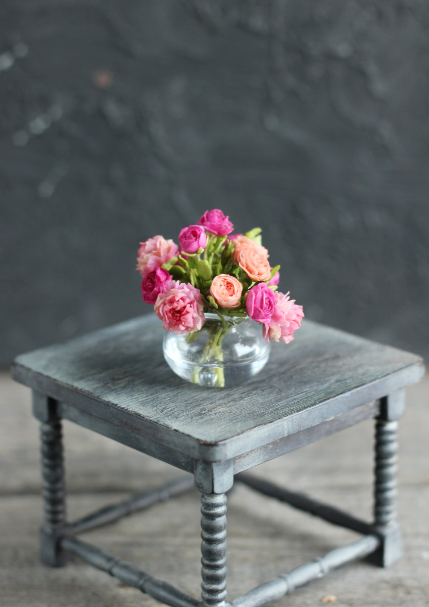 Lush bouquet of peonies and roses in a 1:12 glass vase