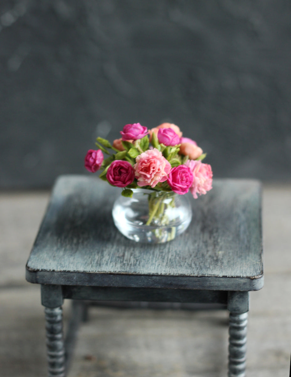 Lush bouquet of peonies and roses in a 1:12 glass vase